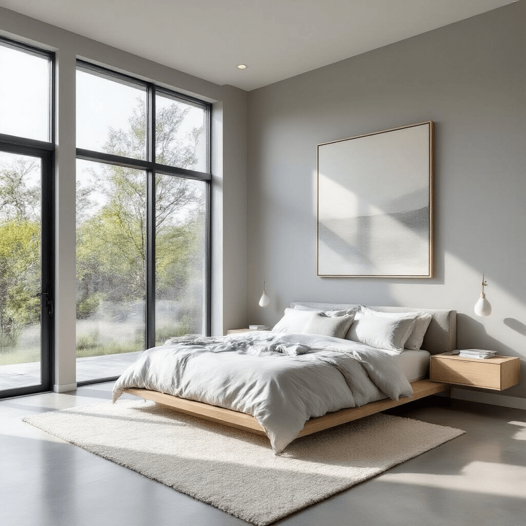 A modern minimalist grey bedroom featuring a king-size platform bed with white linens, bleached oak nightstands, and polished concrete floors with an ivory wool rug, all illuminated by soft morning light through floor-to-ceiling windows.