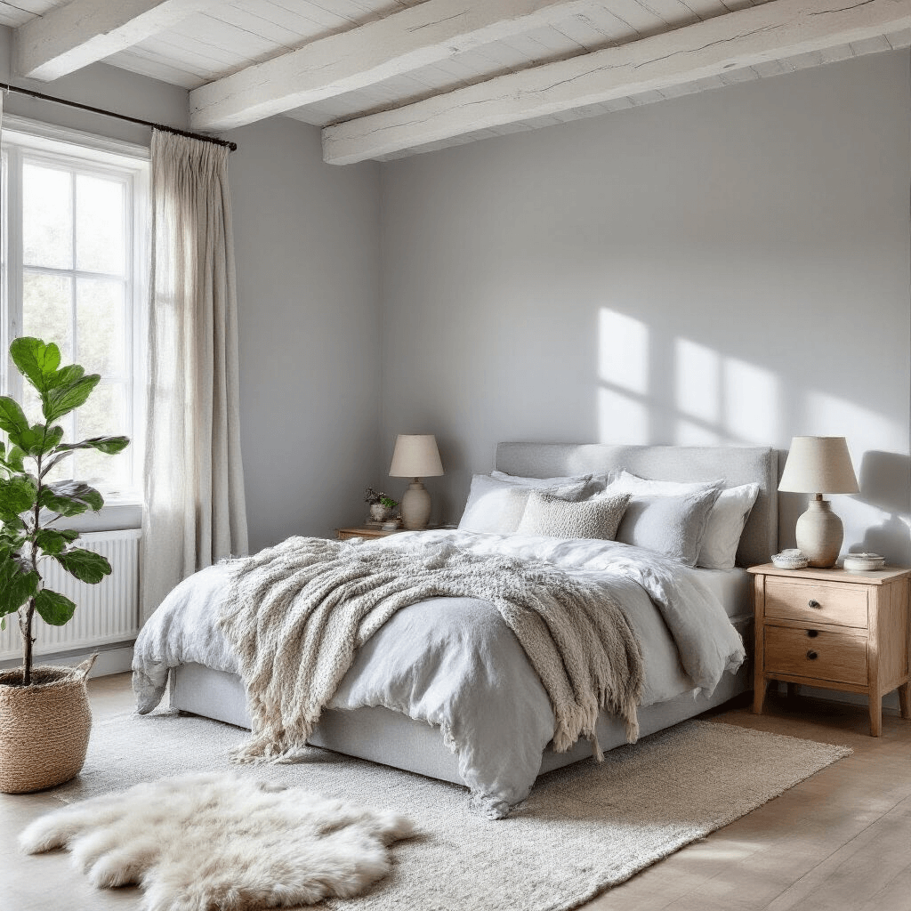 Intimate 12x14ft Scandinavian-style bedroom with pale grey walls and white wooden beams, featuring a light grey upholstered queen bed with chunky knit throws, raw pine bedside tables with ceramic lamps, layered sheepskin rugs on light oak flooring, and a potted fiddle leaf fig, all bathed in soft morning sunlight.