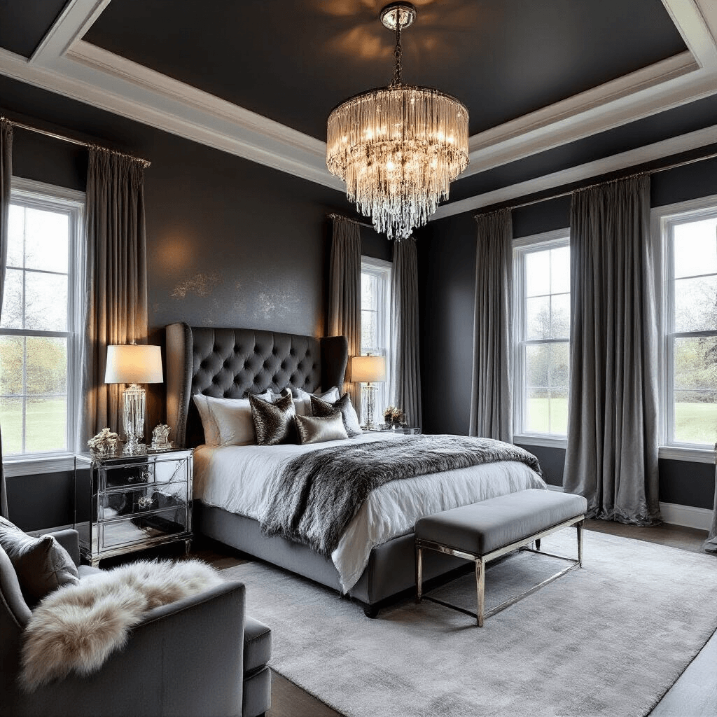 Luxe master suite featuring a dramatic grey velvet king-size wingback bed, golden hour lighting, mirrored nightstands, and an oversized chrome chandelier, all set against a deep charcoal tray ceiling and grey silk wallpaper.