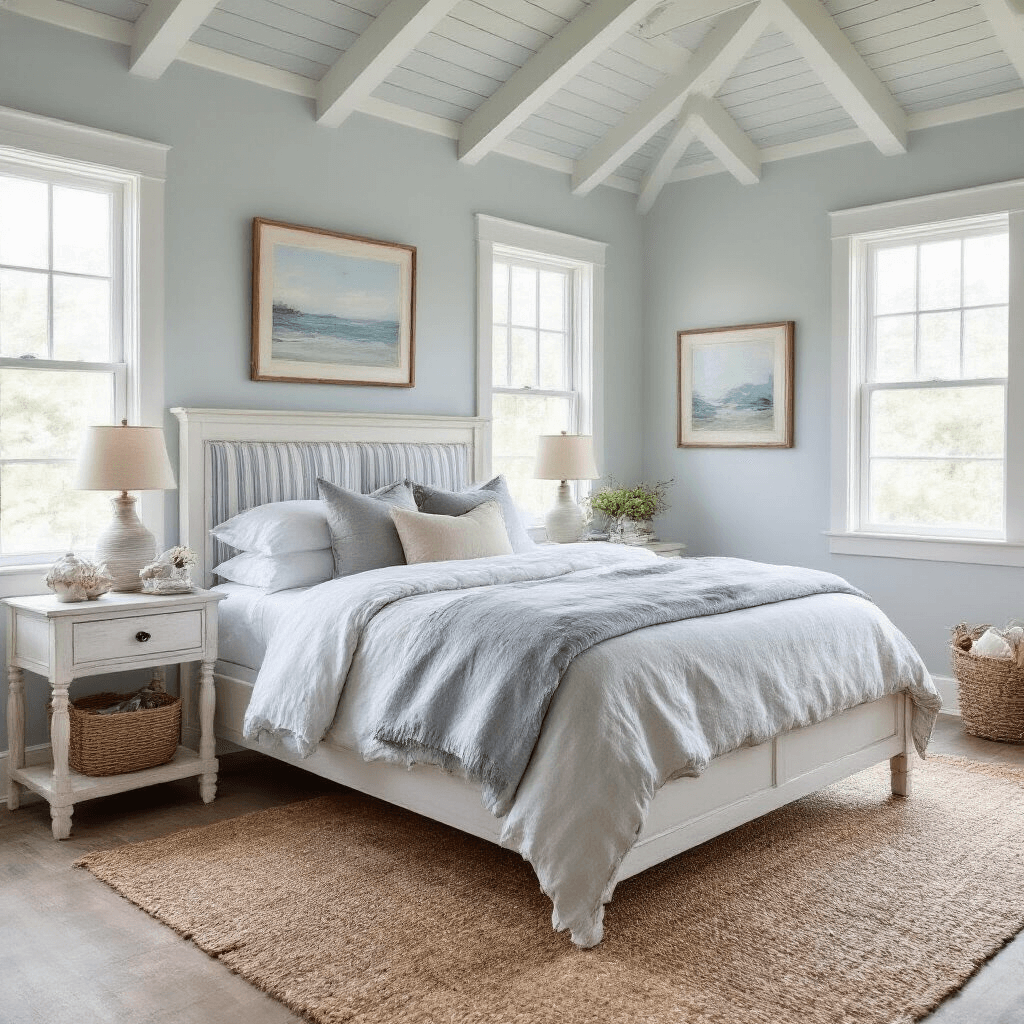 A serene coastal retreat featuring a pale blue-grey tongue-and-groove ceiling, a queen bed with a striped linen headboard, layered soft grey bedding, whitewashed wooden furniture, and a jute rug over grey-washed hardwood floors, illuminated by late afternoon light through white-trimmed windows. Shells and coastal artwork in weathered frames enhance the breezy atmosphere.