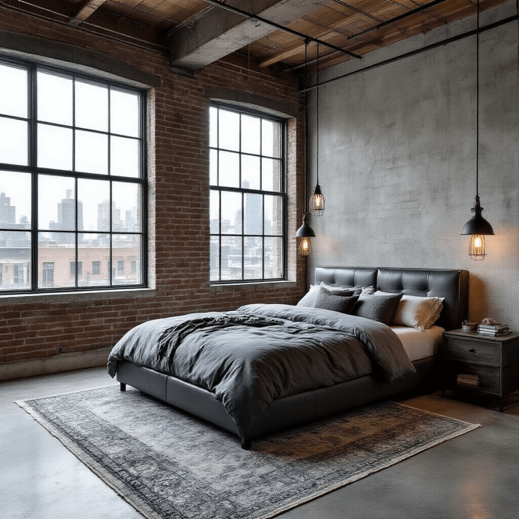 Industrial chic grey loft bedroom featuring light grey exposed brick, a charcoal grey leather king bed, black metal pendant lights, a vintage overdyed grey Persian rug, and downtown city views through steel-framed windows, captured from an elevated angle to highlight the sophisticated urban living mood.