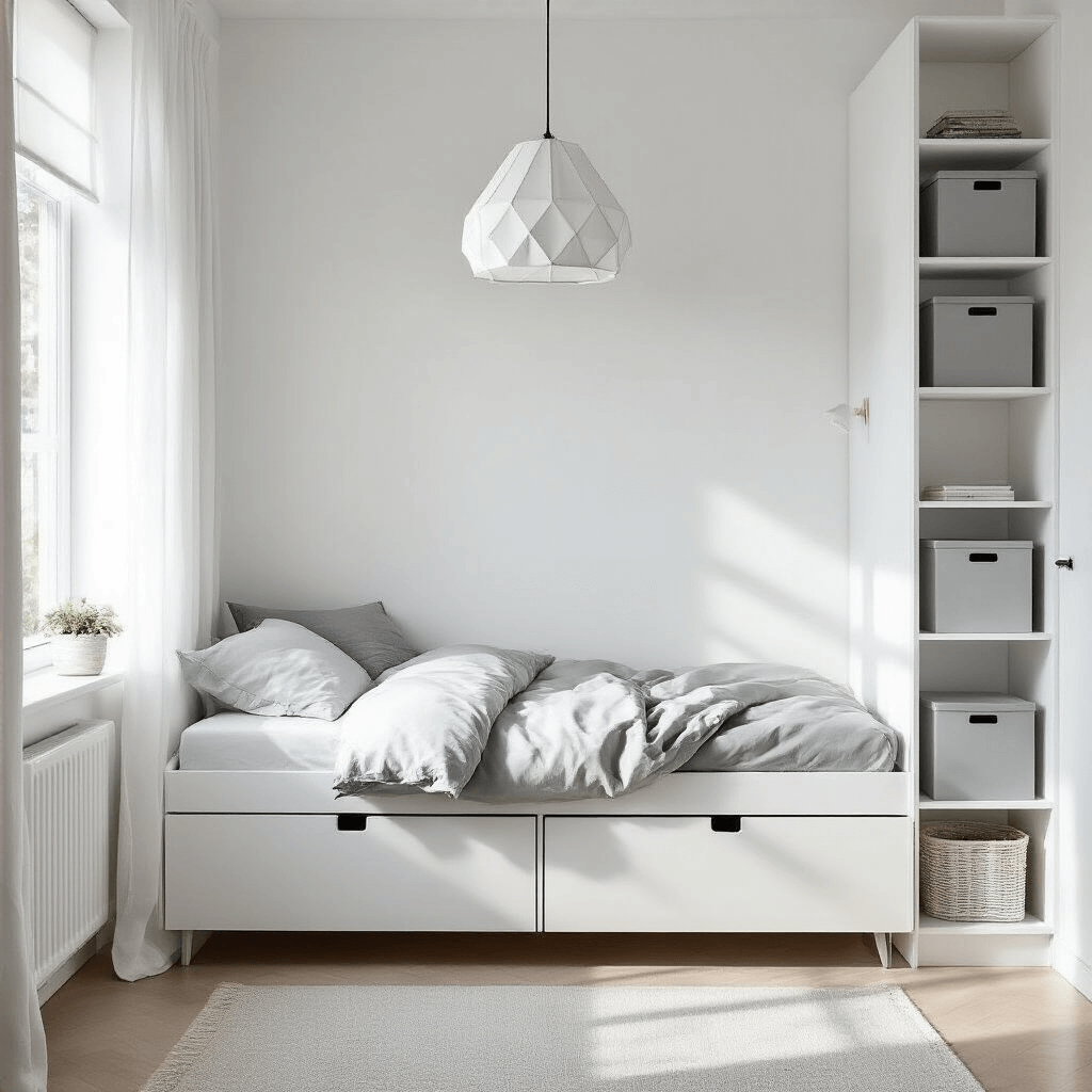 A bright, minimal Scandinavian 10x12ft bedroom featuring a MALM bed with built-in drawers against a white wall, floor-to-ceiling shelving with gray storage boxes, a geometric pendant light, and sheer white curtains, captured from a low angle to highlight vertical space and a monochromatic color palette.