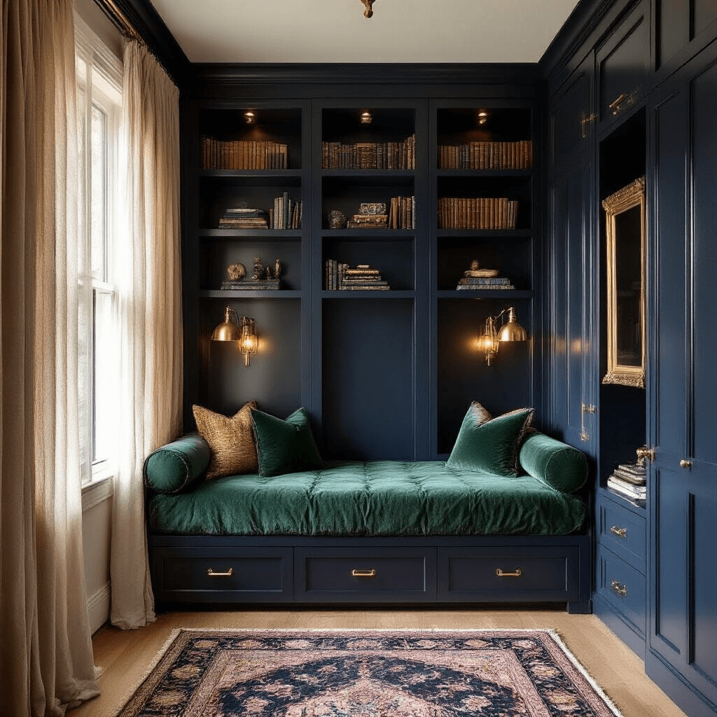 A cozy 8x10ft bedroom bathed in late afternoon light, featuring floor-to-ceiling navy built-ins filled with books and treasures, an emerald velvet daybed, and vintage brass-framed mirrors, all highlighted by copper sconces and a warm Persian rug on light oak flooring.