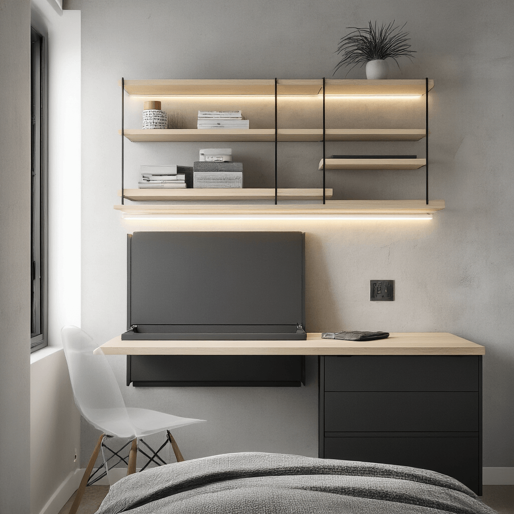 A modern minimalist bedroom nook featuring a wall-mounted fold-down desk in matte black, pale ash wood floating shelves, and a ghost chair, all illuminated by dawn light and sleek LED strip lighting, with a palette of concrete gray, black, and blonde wood.