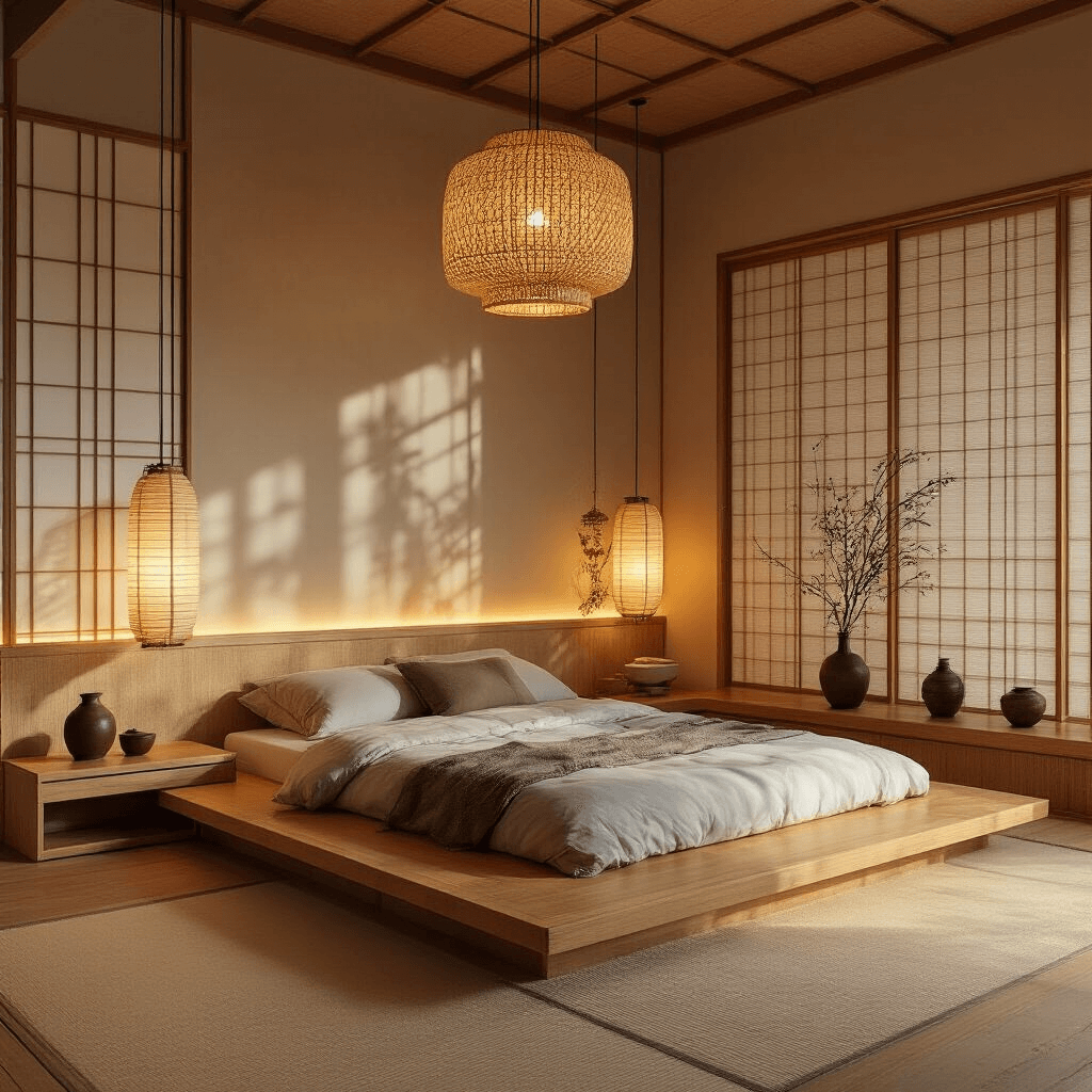A cozy Japandi-style bedroom at golden hour, featuring a low bamboo platform bed with integrated nightstands, sliding shoji screens, woven pendant lamp, handmade ceramic vessels, and an ikebana arrangement, all bathed in warm natural light and soft paper lantern illumination.