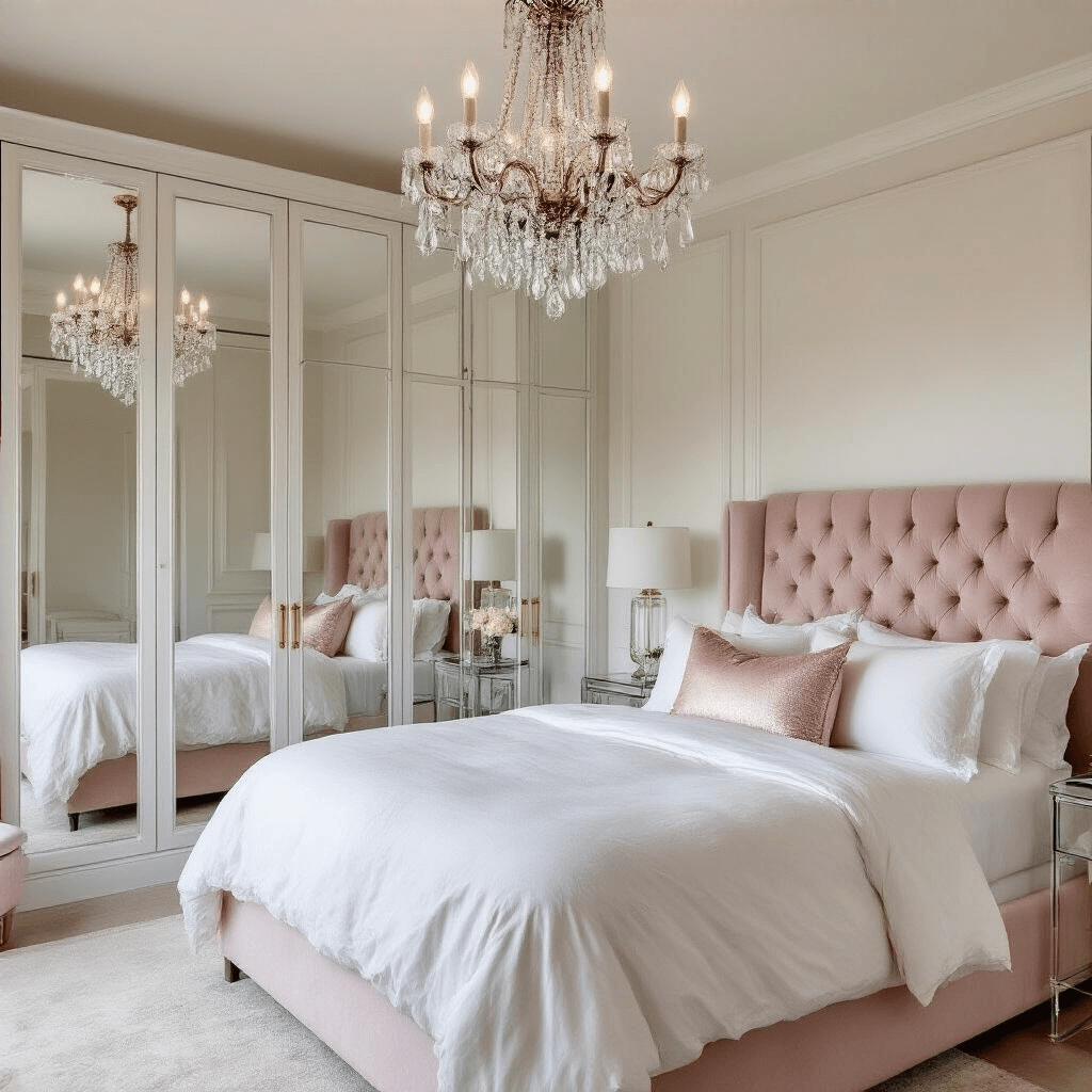 A cozy 8x9ft bedroom at twilight, featuring a crystal chandelier above a queen bed with white linens, mirrored wardrobes, a tufted blush velvet headboard, and lucite side tables, all in a palette of white, crystal, rose gold, and pale pink.