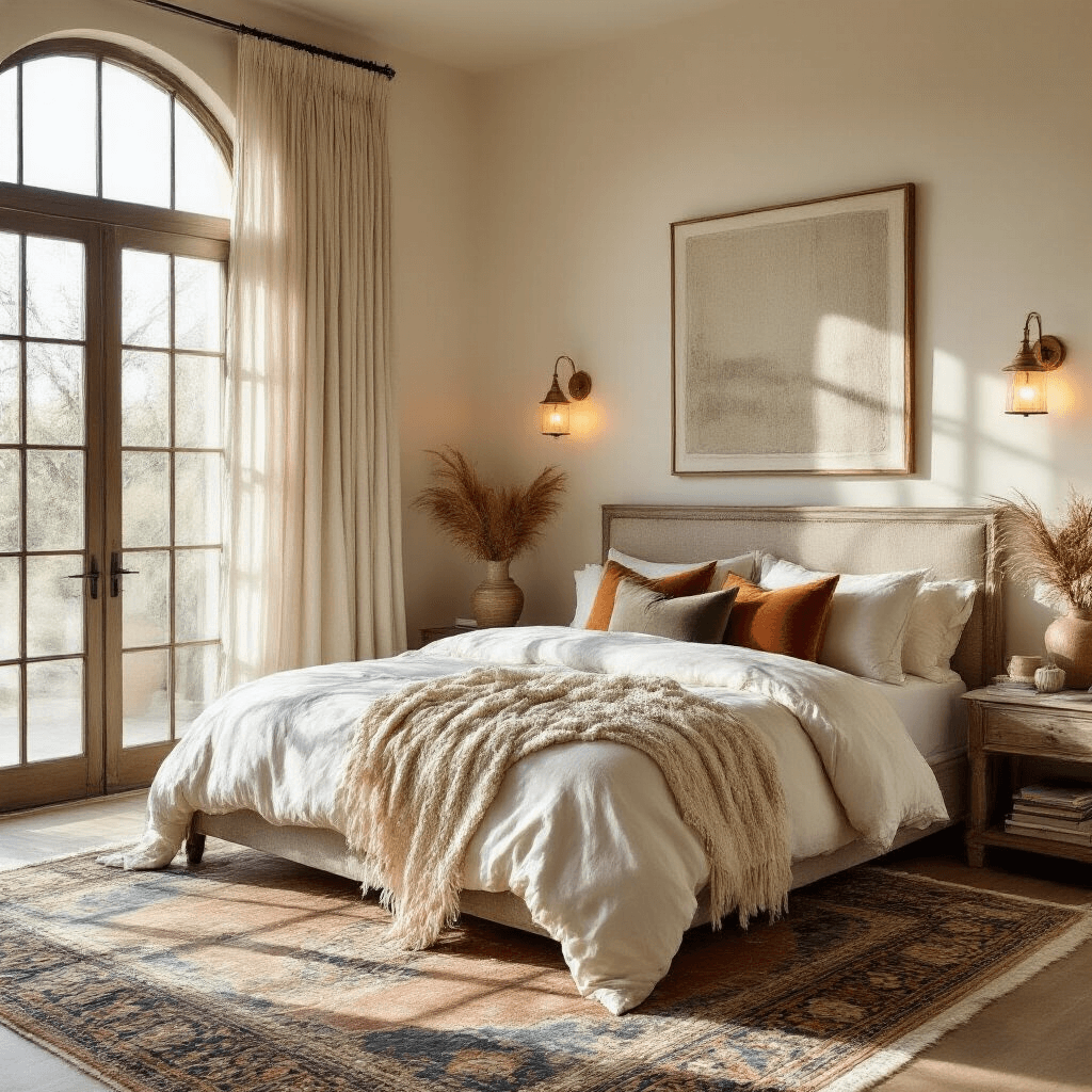 A sunlit master bedroom with a king-sized bed dressed in ivory cotton sheets and layered with a cream knit throw, featuring warm terracotta and sage green pillows. Floor-to-ceiling linen curtains let in morning light, casting soft shadows. A weathered oak headboard is complemented by brass sconces providing warm amber light. The room is accented by a vintage Persian rug in muted blues and rust tones, alongside bedside tables adorned with stacked art books, ceramic vases with pampas grass, and hand-thrown pottery.
