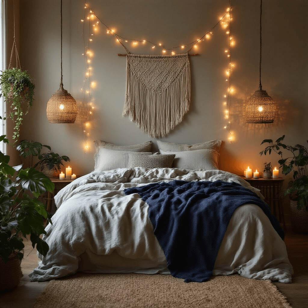 An intimate bedroom scene featuring a cozy 12x12ft space with warm lighting from table lamps, string lights, and flickering candles. The focal point is a queen bed with rumpled stone-washed linen and a deep navy wool blanket. A natural rattan pendant light casts intricate shadows on soft greige walls, while potted monstera and trailing pothos add a touch of greenery, enhancing the moody atmosphere.
