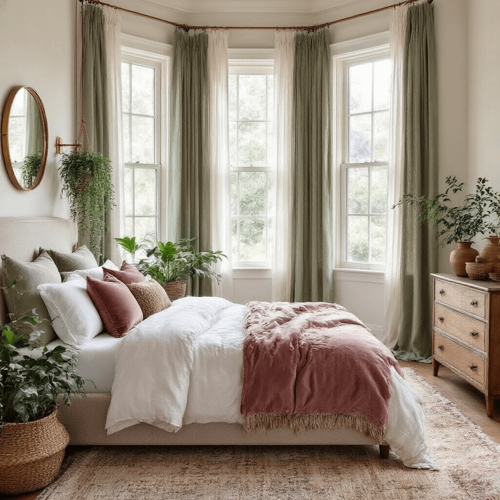 A serene elevated view of a cozy morning bedroom featuring architectural details like crown molding and bay windows, with sunlight streaming through sheer and velvet curtains. A platform bed adorned with a white linen duvet, dusty rose velvet pillows, and a vintage mudcloth throw, alongside handwoven baskets with trailing plants and a brass mirror above a mid-century dresser styled with earthenware.