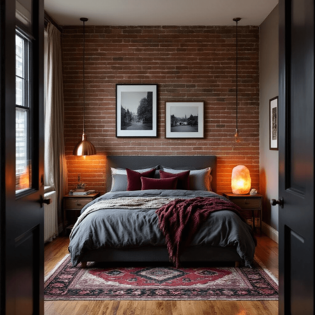 A cozy urban bedroom at dusk, viewed from the doorway, showcasing exposed brick walls, original hardwood floors, and ambient lighting from copper and salt lamps, with a full-size bed dressed in charcoal linen and burgundy pillows, a gallery wall of black and white photographs, and a vintage Turkish rug adding rich color.