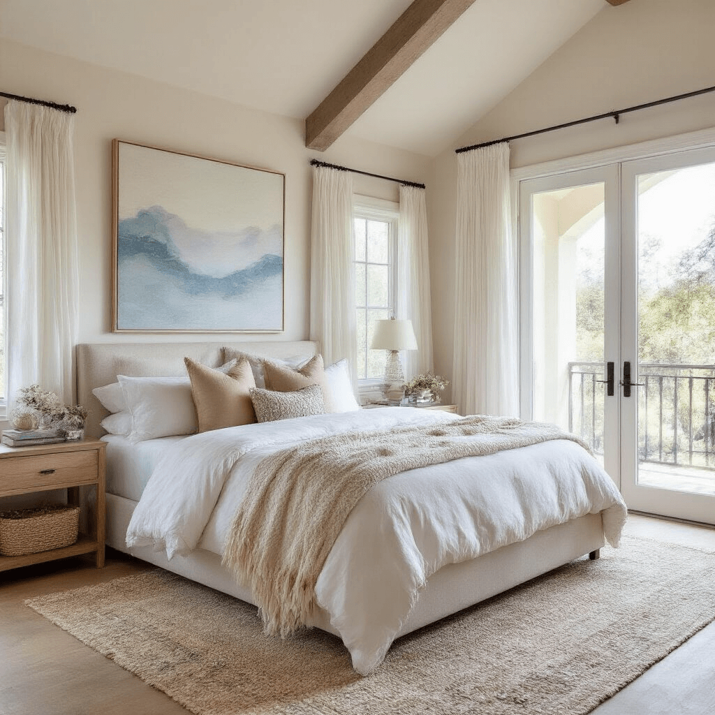 A serene afternoon bedroom sanctuary featuring vaulted ceilings, French doors to a balcony, and natural light enhanced by sheer curtains. The California king bed is layered with white cotton, a cream throw, and pillows in sand, blush, and ivory tones, complemented by oversized soft blue and gray abstract art above. A seagrass rug underlies a vintage Moroccan runner, creating an airy atmosphere with subtle color variations.