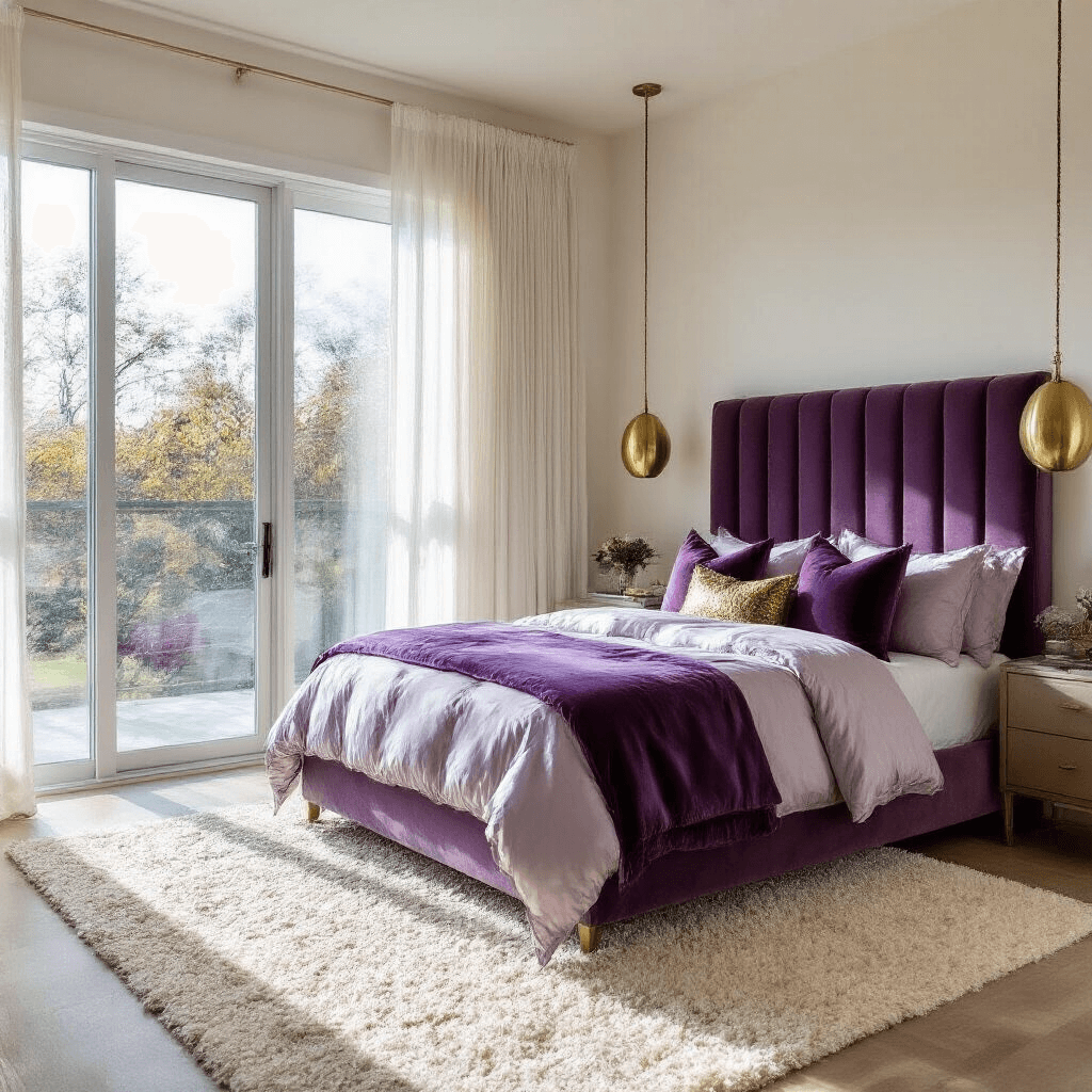 A spacious master bedroom featuring a king-size bed with a deep plum velvet headboard, layered in lavender silk and cream bedding, illuminated by late morning sunlight through floor-to-ceiling windows, with brass pendant lights above matching nightstands and a cream shag rug underfoot.