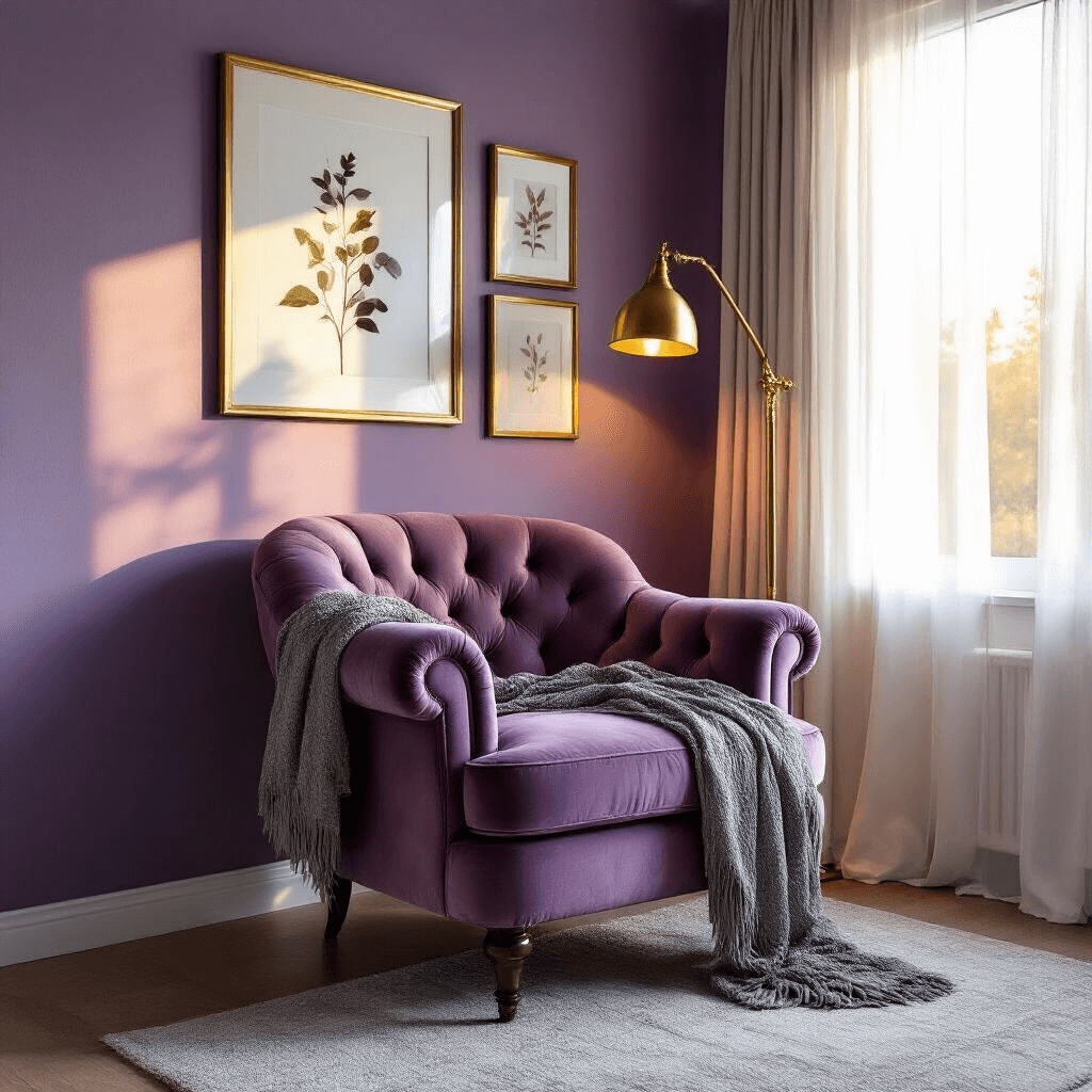 Cozy reading nook in a purple bedroom at golden hour, featuring an oversized mauve velvet armchair at a 45-degree angle, a brass floor lamp, and a textured gray throw blanket. A gallery wall of botanical prints in gold frames, with warm sunset light casting dramatic shadows through white sheer curtains. Low-angle shot highlights the luxurious chair texture in a Contemporary Bohemian style.