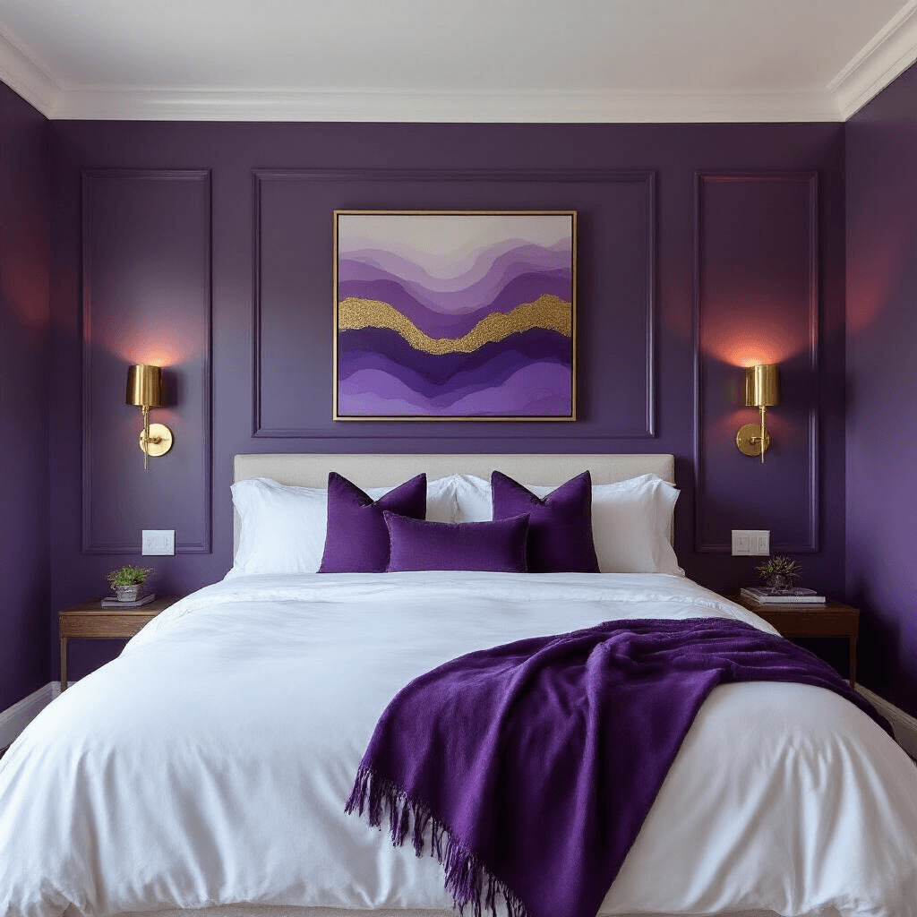 Minimalist bedroom with a deep violet accent wall, white crown molding, a queen bed dressed in white linens and purple ombre throw pillows, and sleek brass sconces beside an abstract purple and gold canvas, captured in warm artificial lighting at dusk.