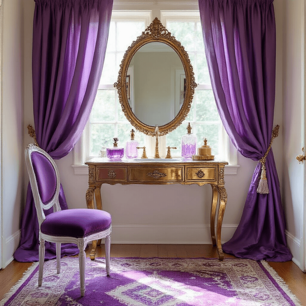 An eclectic purple dressing area featuring a vintage brass vanity with an oval mirror, crystal perfume bottles, and metallic accessories, illuminated by morning light. Lavender silk drapery frames the window, with a Moroccan-inspired purple and cream area rug below. A ghost chair with a plum velvet cushion is present, with the scene captured at a 45-degree angle showing reflections in the mirror, exuding a Vintage Glam style.
