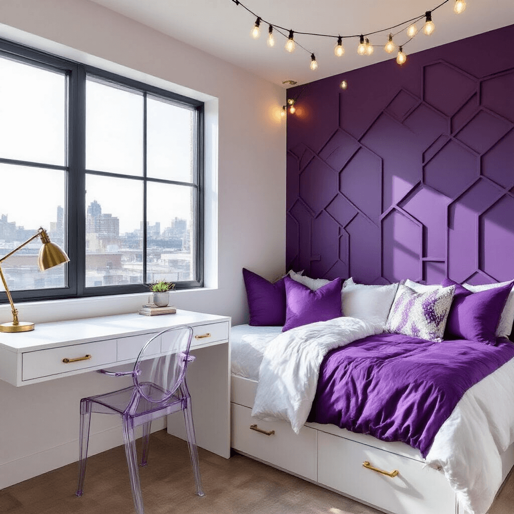 A contemporary purple teen bedroom featuring a geometric purple accent wall, a platform bed with white bedding and purple pillows, a floating white desk with brass hardware, and a lucite chair. String lights create a canopy effect above the bed, and large industrial windows provide an urban view. The shot is taken from an elevated corner angle, highlighting the modern layout and bright natural lighting in the space.