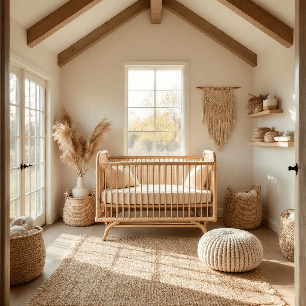 A sunlit nursery featuring a honey-toned rattan crib with blush linen, surrounded by warm light filtering through a large window, exposed wooden beams, and a macrame wall hanging, complemented by woven baskets and a chunky knit pouf.