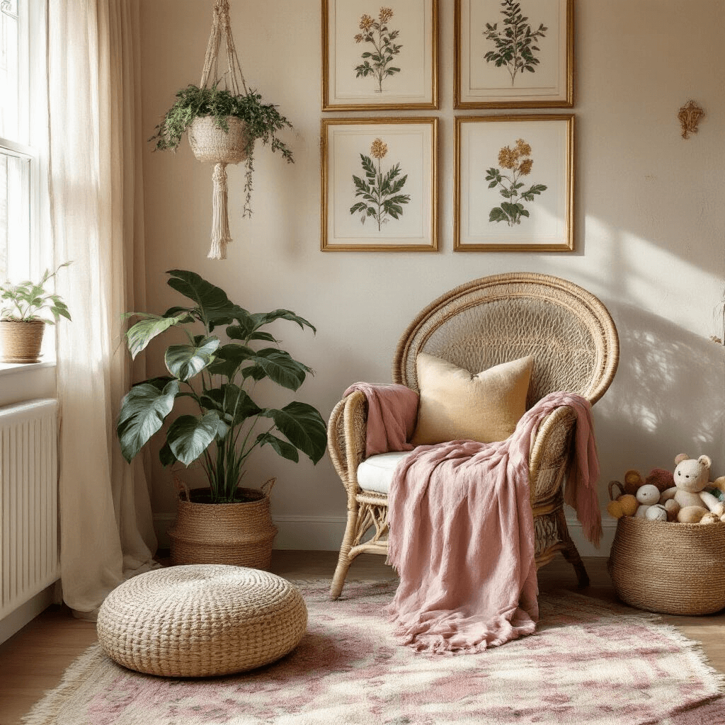 Intimate nursery corner featuring a vintage peacock chair draped in dusty rose muslin, surrounded by gold-framed botanical prints, with morning light filtering through sheer curtains. A round jute pouf and a handwoven basket filled with plush toys are in the foreground, alongside a potted monstera and a macrame plant hanger, all on layered vintage Moroccan rugs in a blush, cream, and mustard color palette.