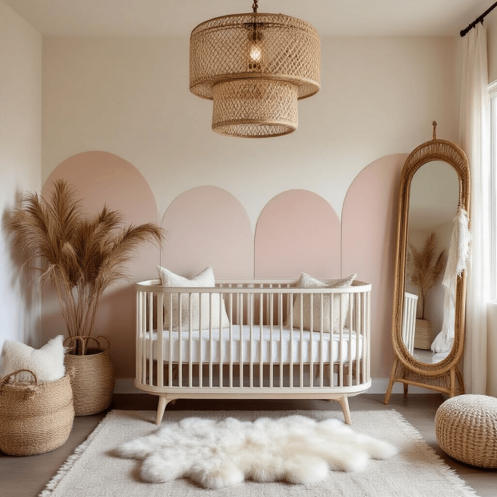 A cozy 15x15ft nursery at dusk, featuring a modern whitewashed oval crib beneath a woven chandelier, surrounded by a handcrafted mobile, oversized brass-detailed mirror, and a sheepskin rug, with gentle shell pink and cream color-blocked walls, vintage rattan storage, dried palm fronds, and textured throw pillows, all bathed in soft evening light and warm ambient lighting.