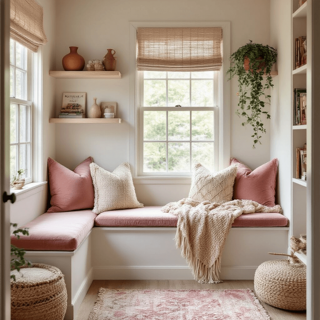 A cozy nursery reading nook with a corner window seat, featuring blush velvet cushions and macrame pillows. Curated children's books and ceramic vessels adorn floating shelves, while trailing plants add greenery. Natural light highlights the textures of woven shades, a chunky knit blanket, and vintage kilim floor cushions, all in a dusty rose, warm white, and terra cotta color palette.