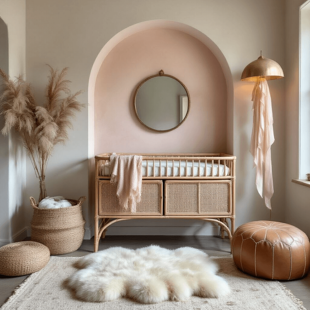Atmospheric nursery vignette captured during blue hour, featuring a hand-painted blush arch wall, vintage rattan changing table, handwoven storage baskets, and a brass mirror. The scene includes a luxe sheepskin rug and leather pouf, with warm ambient light from a mushroom lamp. Color palette includes shell pink, cream, and aged brass accents, emphasizing wall height and architectural details from a low angle.