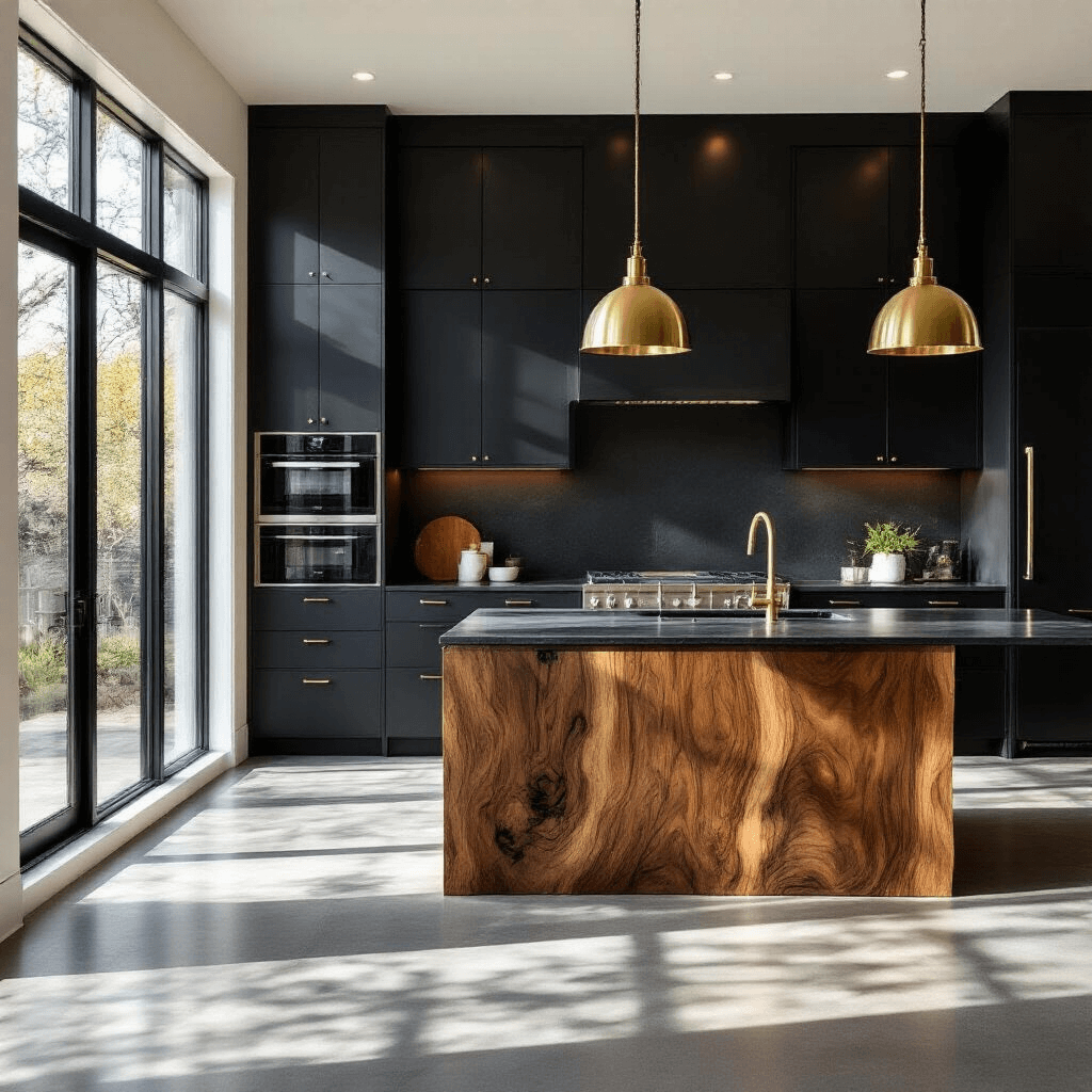 A modern kitchen featuring matte black cabinets, a live-edge walnut island, and industrial-style brass pendant lights, all illuminated by soft morning light through floor-to-ceiling windows, showcasing rich wood grain and contrasting textures.