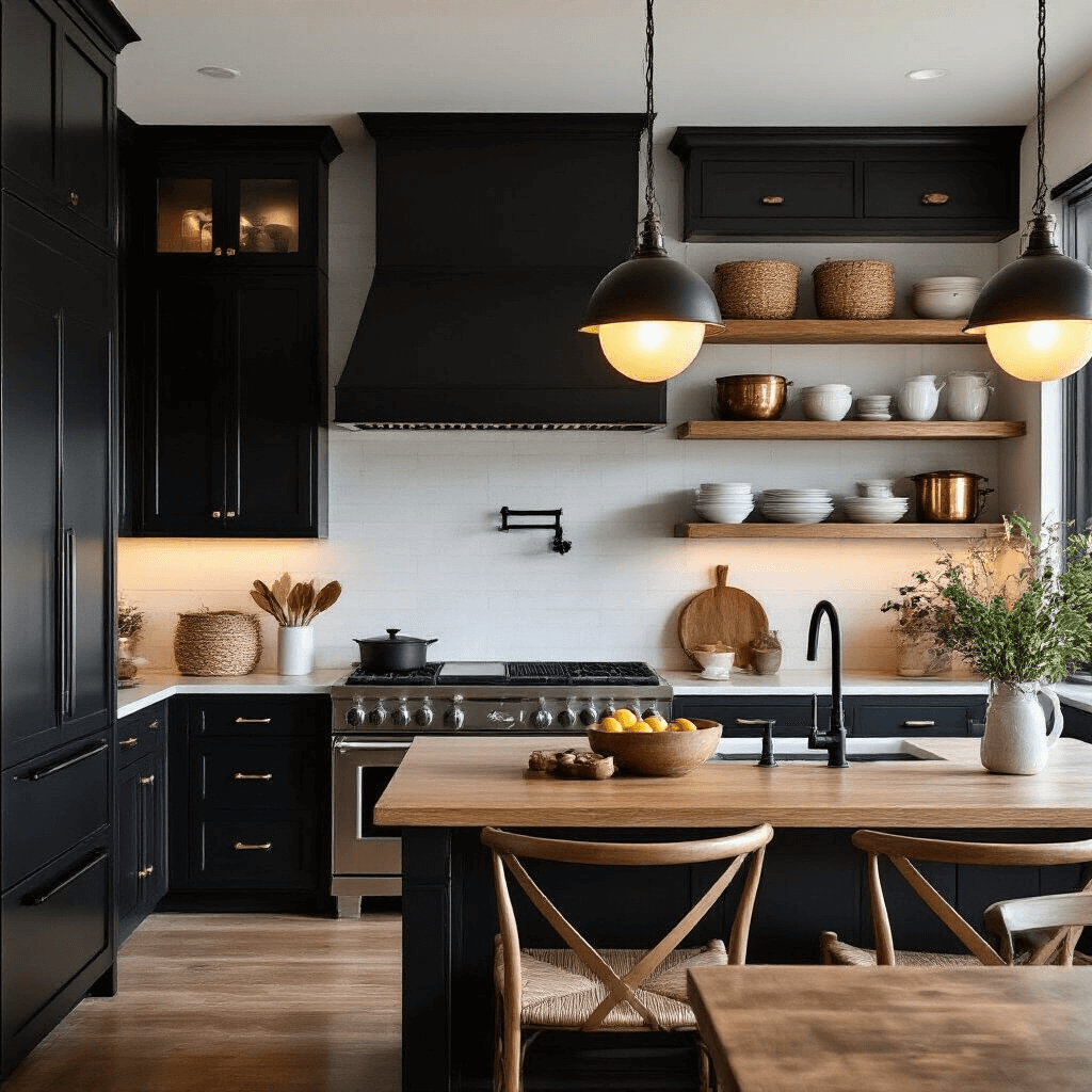 A cozy contemporary kitchen featuring black shaker cabinets, white oak open shelving, and butcher block countertops, illuminated by handmade ceramic pendant lights. The scene is viewed from the dining area, showcasing textured decor like woven baskets and vintage copper cookware, all bathed in soft, warm backlighting during golden hour.