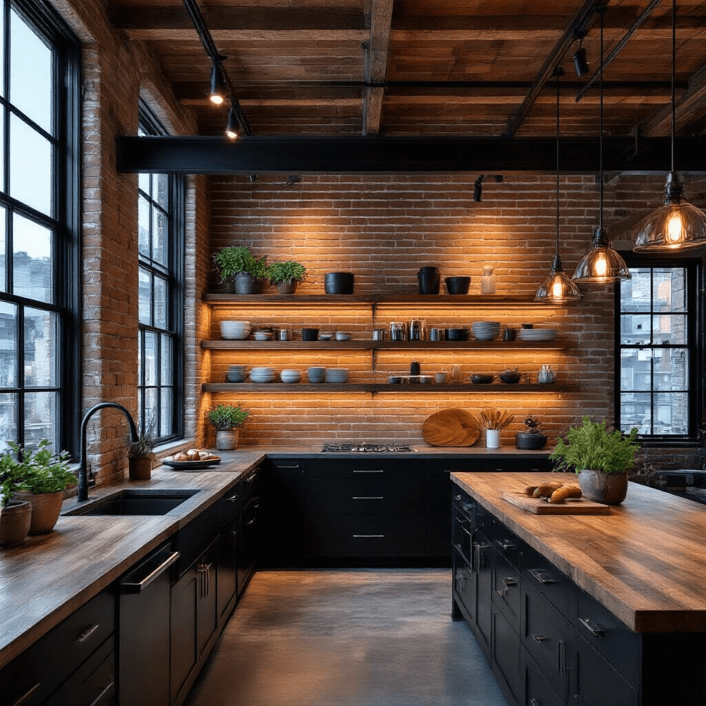A loft-style kitchen at dusk with 14ft exposed beam ceilings, sleek black cabinetry, exposed brick walls, reclaimed wood shelves, a waterfall island, and black steel-framed windows filtering blue hour light, featuring vintage cutting boards, potted herbs, and mixed metallic accents.