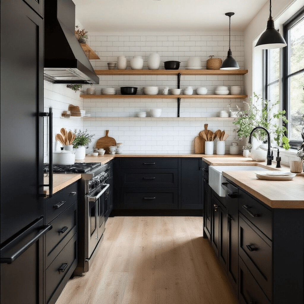 A Scandinavian-inspired galley kitchen featuring matte black lower cabinets and natural pine upper cabinets in soft afternoon light, with white subway tiles and dark grout, minimal wooden utensils, white ceramics, and fresh greenery, captured from the end to highlight clean lines and symmetry.