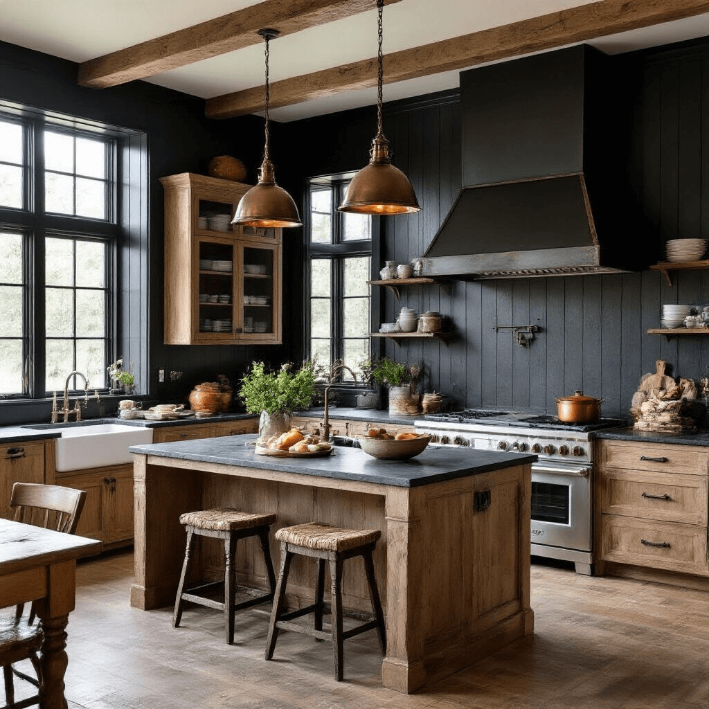 A modern farmhouse kitchen with black shiplap accent walls, rustic oak cabinets, and soapstone counters, featuring vintage-style bronze pendant lights above a central prep island. Copper cookware and earthenware crocks are arranged alongside fresh market produce, while natural light streams through divided light windows, casting dramatic shadows.