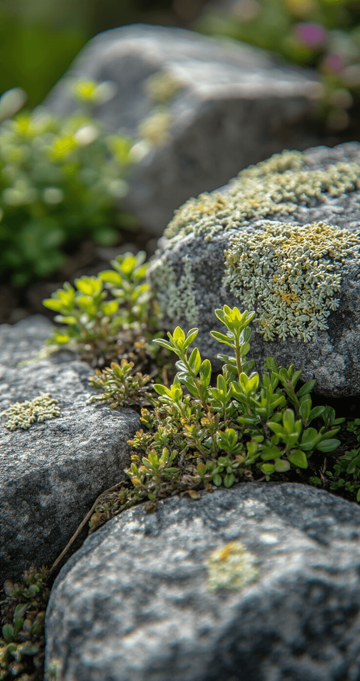A close-up view of lichen-covered stones and alpine plants in a natural garden bed, showcasing weathered granite blocks and vibrant plant details, captured in bright, diffused midday light with a shallow depth of field.
