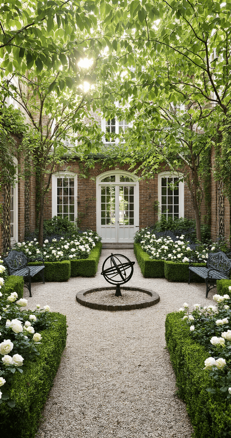 A classical courtyard with mid-morning light, featuring a central gravel circle with an antique armillary sphere, framed by clipped boxwood hedges, white roses, and lavender. Dappled shade from linden trees over matching iron benches, with aged brick walls and espaliered pear trees, complemented by billowing perennials in a traditional color palette of deep greens, whites, and dusty purples.