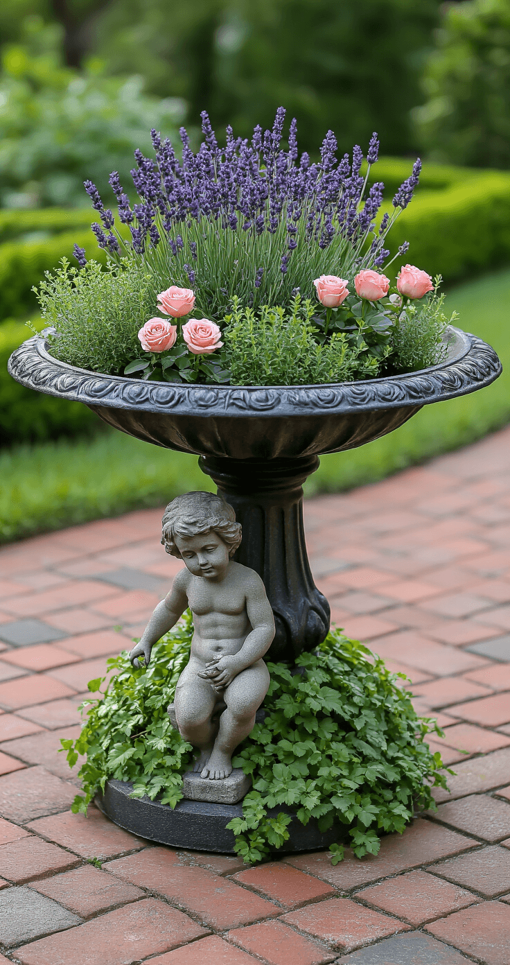 A late afternoon garden scene featuring an antique cast iron bird bath transformed into a miniature English garden, planted with lavender, thyme, and miniature roses. The stone cherub base is partially covered in creeping jenny. A brick pathway and boxwood border are visible in the background, showcasing rich textures of aged iron, glossy leaves, stone, and delicate petals in deep charcoal, lavender purple, emerald green, and salmon pink.