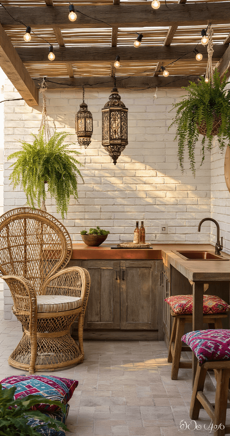 A wide-angle view of a 20x15ft outdoor kitchen patio at golden hour, featuring a vintage rattan peacock chair, rustic wooden prep counter, and warm patterns from Moroccan lanterns on whitewashed brick walls, with macramé plant hangers, kilim cushions in jewel tones on mismatched stools, a weathered copper sink, and string lights overhead.