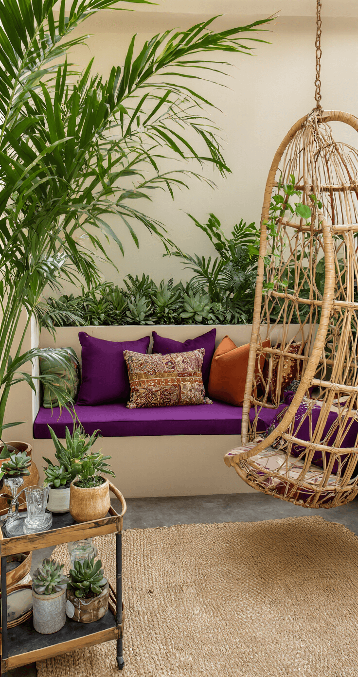 Late afternoon view of a boho entertainment space featuring a custom built-in bench with colorful cushions, a swinging rattan chair, greenery from potted plants, and a vintage bar cart with glassware, all illuminated with warm natural light and artificial fill.