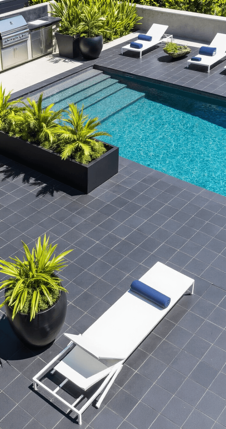 Aerial view of a contemporary poolside retreat featuring an 800 sq ft black porcelain-tiled deck surrounding a modern infinity pool, with low-profile white sun loungers and navy cushions, oversized black ceramic planters with tropical plants, and a stainless steel outdoor kitchen in the background, all under bright midday lighting.