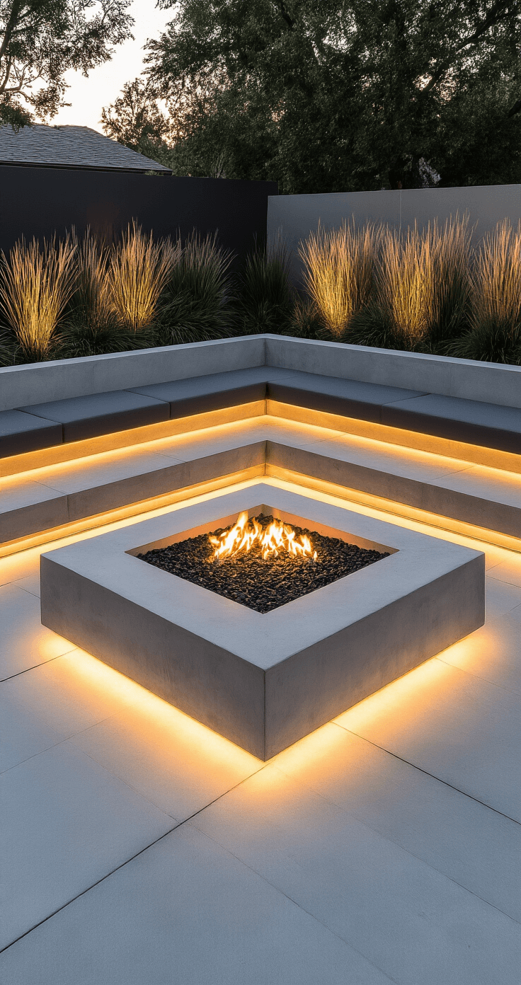 Twilight view of a minimalist concrete fire pit in a contemporary backyard, featuring a 48