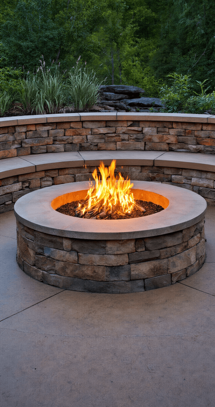 A rustic circular concrete fire pit at dusk, featuring a textured earth-tone finish and surrounded by a natural stone seating wall. Flames flicker from the fire pit, casting dynamic light on the weathered concrete and stone accents, while native plantings add a touch of nature to the scene. The photograph is taken from ground level with a shallow depth of field, enhancing the visual richness of the textures.