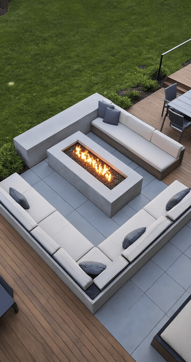 Aerial view of an L-shaped concrete fire pit in a modern patio, featuring a 24'x18' entertaining space with a 6' fire feature, cool gray concrete, IPE wood deck sections, and modular outdoor furniture in slate and cream, captured in late afternoon light emphasizing architectural lines and material transitions.