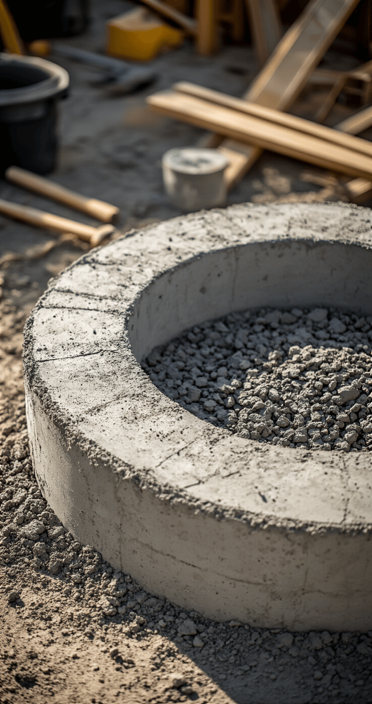 Close-up of a DIY concrete fire pit during construction, showcasing textural variations in the freshly poured concrete surface. Tools and materials are arranged nearby, with morning light highlighting the formwork details in an industrial workshop setting.