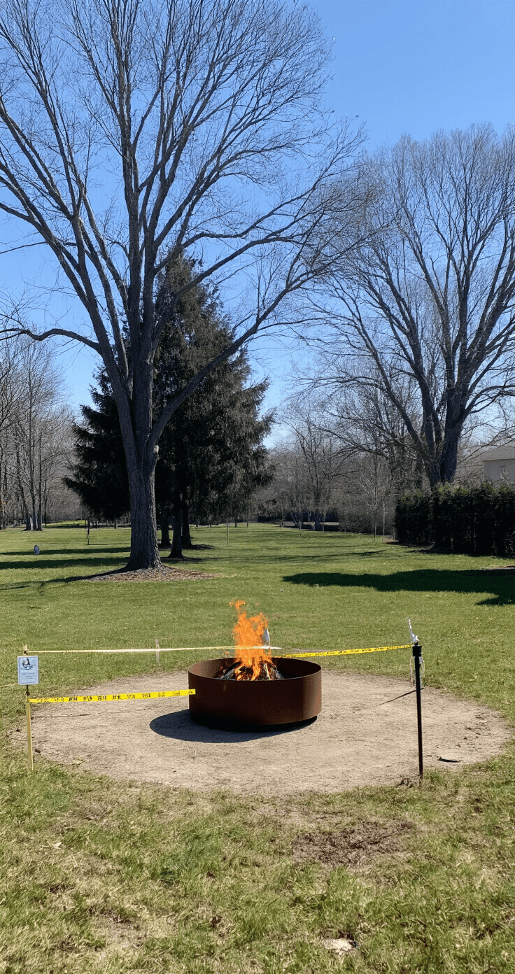 A safety-focused outdoor scene depicting a 30'x30' yard with a centrally located fire pit. Measuring tape visibly shows proper clearances from the fire pit to mature trees, emphasizing safe distances. Bright daylight enhances the clinically educational atmosphere, with visible safety equipment and signage related to fire pit use.