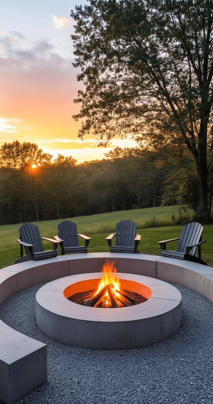 A budget-friendly concrete fire pit with a rustic patina finish, surrounded by a simple gravel area and Adirondack chairs, captures the warm evening light at sunset. The low-angle shot highlights the 12-foot diameter seating area made from stacked concrete rings and recycled materials.