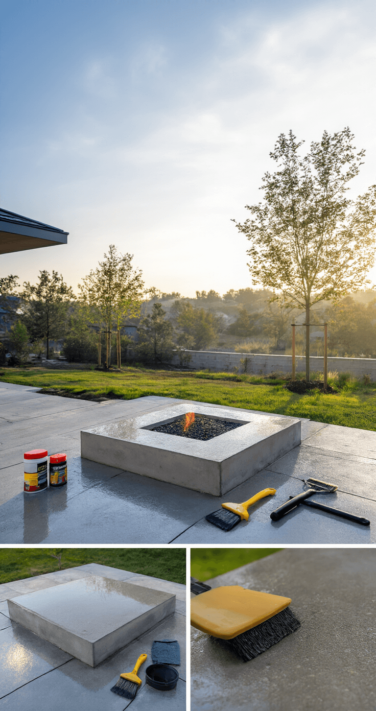 A close-up view of a freshly treated sealed concrete fire pit, illuminated by early morning light. Water droplets bead on the protected surface, showcasing its maintenance. Various maintenance tools and sealant products are nearby, emphasizing care and upkeep. The clinical lighting highlights the protective qualities of the concrete treatment, captured from an overhead angle at 45 degrees.