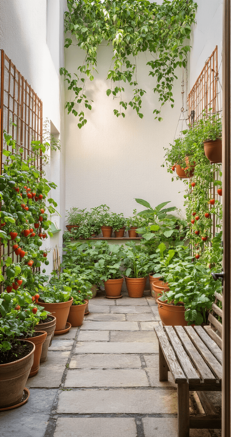 Aerial view of a sunlit urban courtyard garden at golden hour, featuring organized terra cotta and ceramic pots with vegetables, vertical copper trellises with tomatoes, cascading hanging baskets of strawberries and herbs, stone pathways, and a weathered wooden bench against whitewashed walls, captured in soft, directional light.