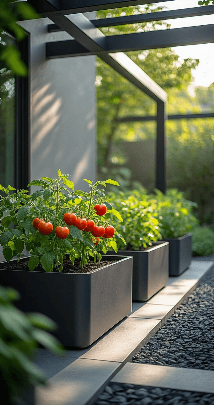 Ground-level closeup of modern self-watering planters with tomatoes and peppers in a contemporary courtyard, dappled morning light through pergola slats, brushed steel edging, dark gravel mulch, and cool morning mist with a dreamy bokeh effect.
