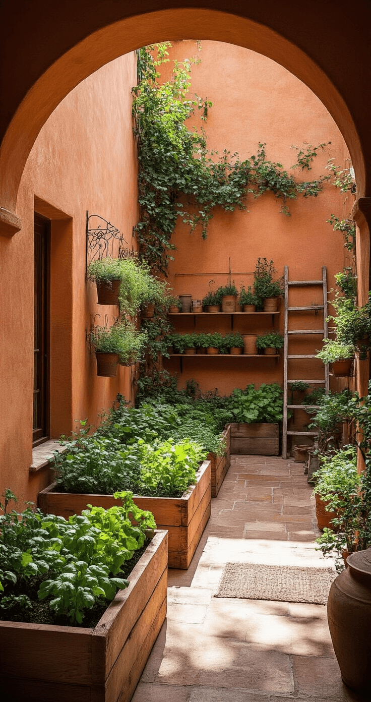 Eye-level view of a Mediterranean-inspired courtyard garden featuring terracotta walls, raised cedar planting beds with herbs and salad greens, vintage olive oil tins as planters, wrought iron plant stands, and a rustic wooden ladder, all bathed in strong midday light that casts dramatic shadows.