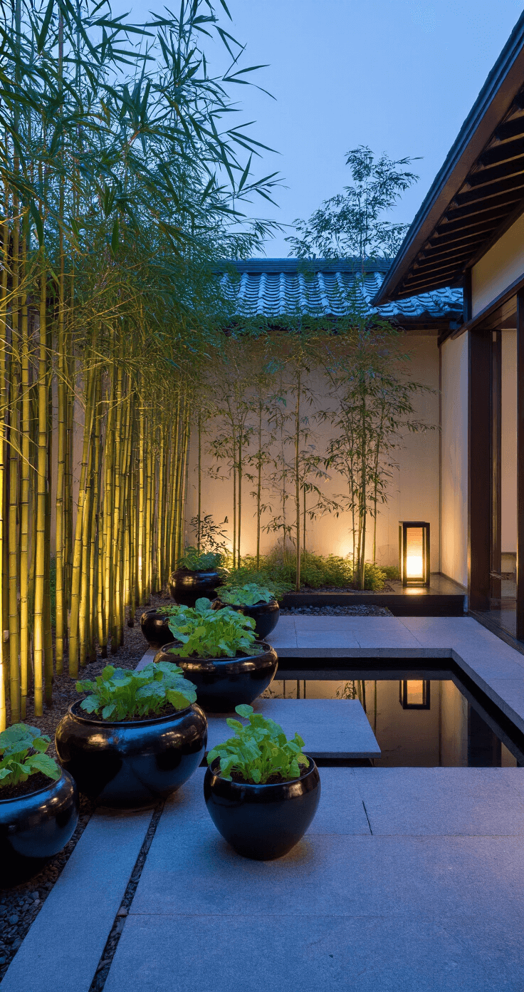 A serene Japanese-inspired courtyard at dusk, featuring low-profile black ceramic containers, young bamboo for screening, and a stone lantern amidst potted vegetables, all illuminated by ambient lighting and a tranquil reflecting pool, highlighting a zen aesthetic with clean lines.