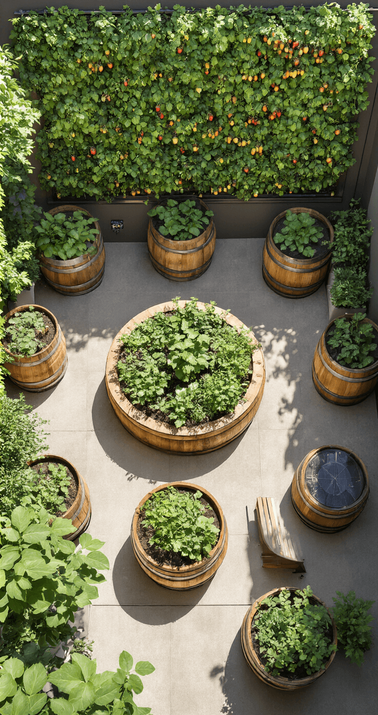 Overhead view of an eco-friendly courtyard garden featuring recycled wine barrel planters in concentric circles, a living wall with trailing herbs and strawberries, a rainwater collection system, and solar-powered lighting, all under bright noon light.