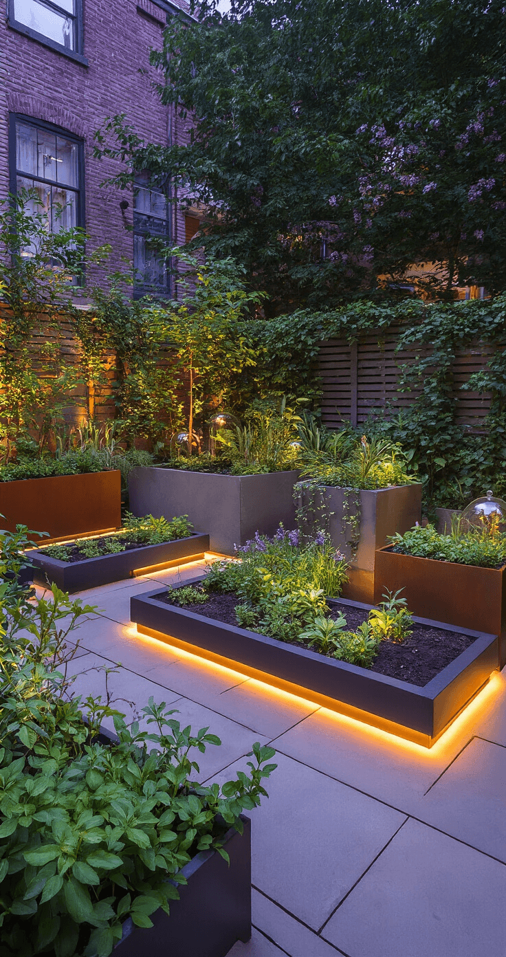 Twilight courtyard garden with dramatic uplighting, featuring mixed-material planters, LED strip lighting, glass cloches, and an industrial-meets-organic aesthetic in purple and green hues.