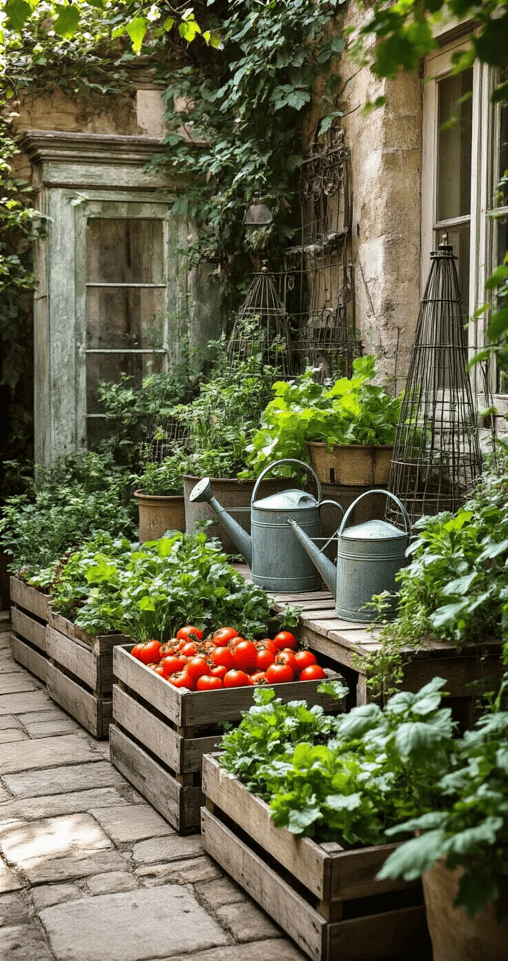 A vintage-inspired courtyard garden featuring antique metal watering cans used as planters, weathered wooden crates filled with heirloom vegetables, and Victorian wire plant stands. Salvaged architectural elements serve as garden art in soft morning light, highlighting the textures and patina of aged materials.